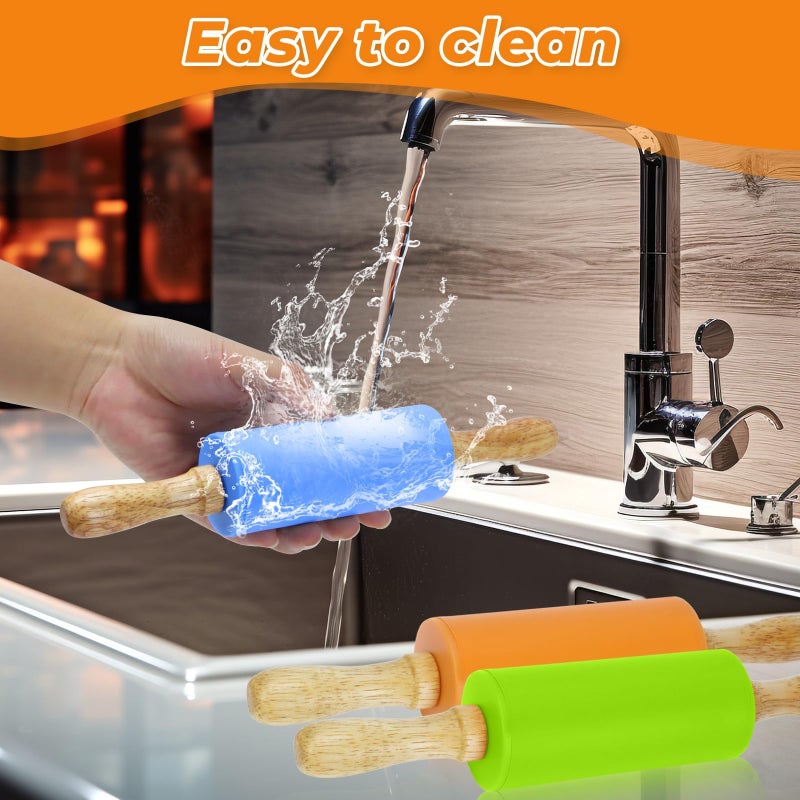 Faxco 4 Pack Mini Rolling Pin for Kids, 9 Inch Wooden Handle Rolling Pin Non-Stick Silicone Rolling Pins for Children Cake Baking - Image 5